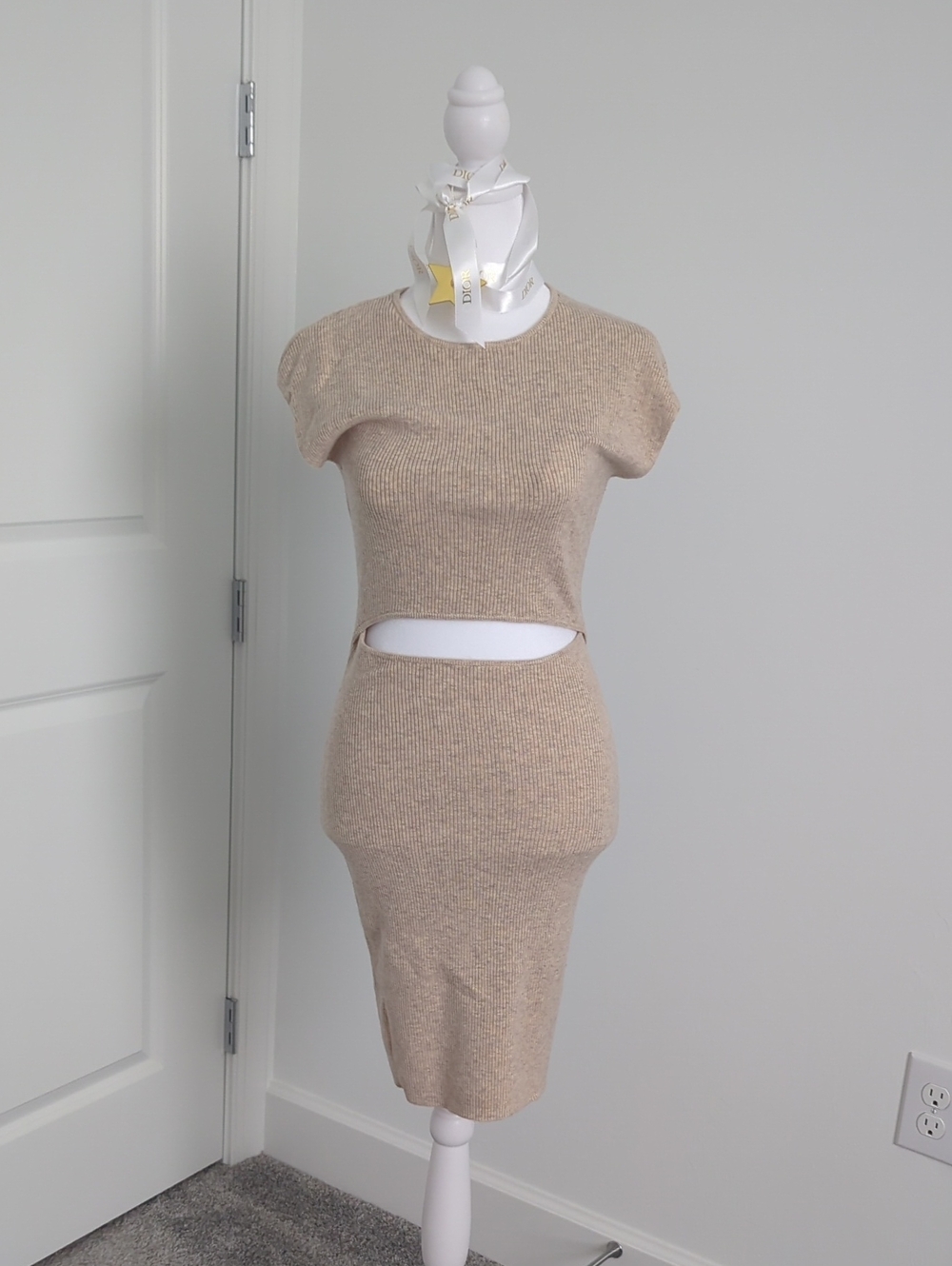 bishop + young Beige Ribbed Cutout Dress